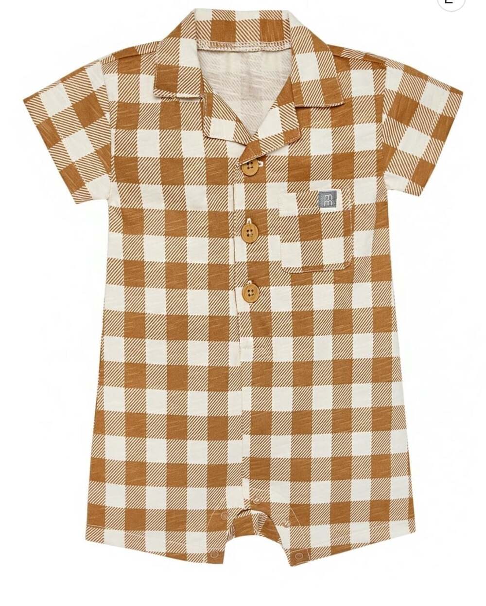 Modern Moments by Gerber Baby Boy Brown Gingham Short Sleeve Collared Romper 12M